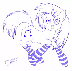 Size: 1229x1209 | Tagged: safe, derpibooru import, vinyl scratch, pony, unicorn, clothes, lineart, monochrome, socks, solo, stockings, striped socks, work-in-progress