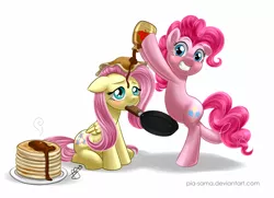 Size: 800x579 | Tagged: artist:pia-sama, cooking, derpibooru import, flutterpie, fluttershy, messy, mouth hold, pancakes, pinkie pie, safe, shipping, syrup