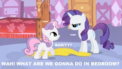Size: 1280x720 | Tagged: artist needed, bed, caption, derpibooru import, edit, edited screencap, female, imminent sex, implied foalcon, implied incest, incest, lesbian, pomf, rapeface, raribelle, rarity, screencap, suggestive, sweetie belle, what are we gonna do on the bed?