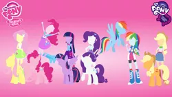 Size: 2560x1440 | Tagged: safe, artist:agrol, derpibooru import, applejack, fluttershy, pinkie pie, rainbow dash, rarity, twilight sparkle, twilight sparkle (alicorn), equestria girls, eqg promo pose set, human ponidox, minimalist, my little pony logo, no face, wallpaper