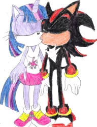 Size: 2282x2988 | Tagged: anthro, artist:bluespeedsfan92, background pony strikes again, crossover, crossover shipping, derpibooru import, female, interspecies, kissing, male, safe, shadow the hedgehog, shadtwi, shipping, sonicified, sonic the hedgehog (series), straight, style emulation, twilight sparkle