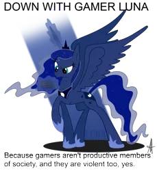 Size: 2012x2200 | Tagged: 3ds, artist:ardas91, down with molestia, drama, gamer luna, meme, princess luna, safe, solo, text, troll, video game