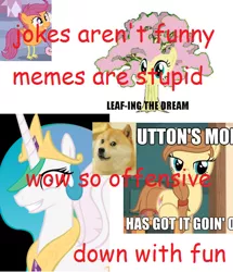 Size: 474x552 | Tagged: button's mom has got it going on, comic sans, derpibooru import, doge, down with molestia, drama, fluttershy, fluttertree, image macro, meta, no fun allowed, oc, oc:cream heart, parody, princess celestia, princess molestia, safe, scootachicken, scootaloo, stop having fun guy, unofficial characters only