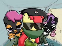 Size: 900x675 | Tagged: safe, artist:fenianpony, derpibooru import, apple bloom, scootaloo, sweetie belle, earth pony, pegasus, pony, unicorn, balaclava, cutie mark crusaders, female, filly, ireland, irish, irish republican army, northern ireland, sunglasses, terrorism, terrorist