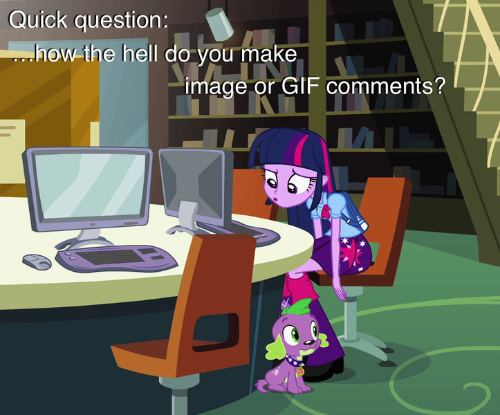 Size: 1035x859 | Tagged: safe, derpibooru import, spike, twilight sparkle, dog, equestria girls, computer, meta, question, spike the dog, text