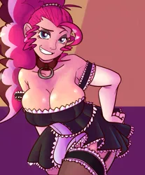 Size: 827x1000 | Tagged: armpits, artist:reiduran, artist:rustydooks, breasts, busty pinkie pie, cleavage, clothes, collar, dead source, derpibooru import, dreamworks face, evening gloves, female, grin, human, humanized, maid, pinkie pie, solo, solo female, suggestive