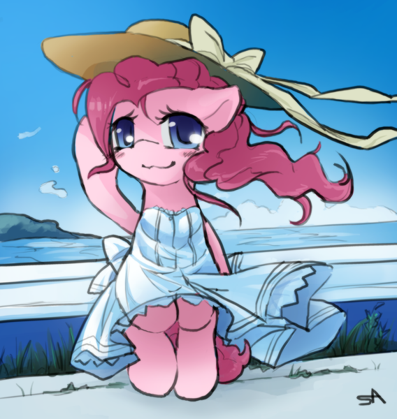 Size: 3600x3800 | Tagged: dead source, safe, artist:surgicalarts, derpibooru import, pinkie pie, earth pony, pony, semi-anthro, :3, bipedal, blushing, clothes, colored pupils, cute, diapinkes, dress, female, floppy ears, hat, lidded eyes, looking at you, mare, shy smile, smiling, solo, sun hat, sundress, windswept mane