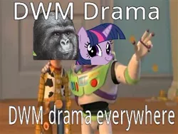 Size: 300x225 | Tagged: caption, derpibooru import, down with molestia, drama, gorilla, image macro, jimmies, meme, safe, text, toy story, twiface, twilight sparkle, x x everywhere