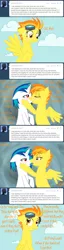 Size: 639x2484 | Tagged: safe, artist:okiedokielokie, derpibooru import, spitfire, vinyl scratch, pony, ask-mlpspitfire, bipedal, blushing, female, goggles, kissing, lesbian, scratchfire, tumblr