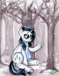 Size: 847x1090 | Tagged: artist:madblackie, clothes, derpibooru import, rarity, safe, scarf, snow, snowfall, solo