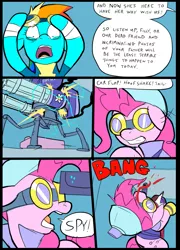 Size: 697x967 | Tagged: artist:metal-kitty, blood, comic, crossover, derpibooru import, engie pie, engineer, meet the spy, party cannon, pinkie pie, pinkie sense, rainbow dash, rainbow scout, rarispy, rarity, scout, semi-grimdark, sentry, spy, team fortress 2