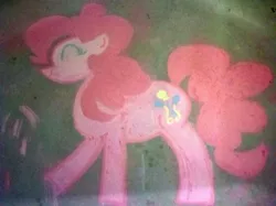 Size: 1024x765 | Tagged: safe, derpibooru import, pinkie pie, earth pony, pony, chalk, chalk drawing, eyes closed, female, mare, photo, raised hoof, smiling, solo, traditional art