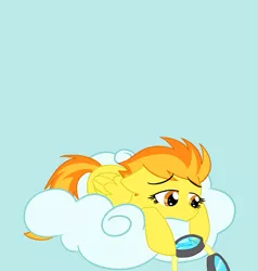 Size: 639x670 | Tagged: safe, artist:okiedokielokie, derpibooru import, spitfire, pegasus, pony, ask-mlpspitfire, aviator goggles, cloud, eyebrows, female, folded wings, goggles, image, lying down, mare, on a cloud, png, prone, sad, solo, tumblr, wings