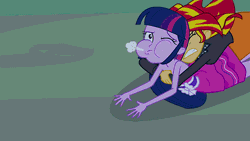Size: 576x324 | Tagged: suggestive, derpibooru import, screencap, sunset shimmer, twilight sparkle, equestria girls, animated, dry humping, implied humping, out of context, puffy cheeks