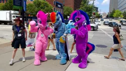 Size: 1280x721 | Tagged: artist:judhudson, cosplay, derpibooru import, fursuit, human, irl, irl human, photo, pinkie pie, rainbow dash, safe, twilight sparkle