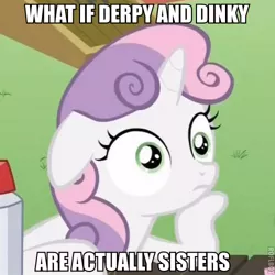 Size: 500x500 | Tagged: advice animal, derpibooru import, derpy hooves, dinky hooves, edit, edited screencap, image macro, meme, ponyville confidential, roflbot, safe, screencap, sisters, solo, sudden clarity sweetie belle, sweetie belle