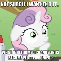 Size: 499x500 | Tagged: changeling, derpibooru import, edit, edited screencap, flutter pony, hilarious in hindsight, impact font, meme, ponyville confidential, safe, screencap, solo, speculation, sudden clarity sweetie belle, sweetie belle, text, theory