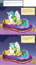 Size: 1000x1800 | Tagged: suggestive, artist:milku, derpibooru import, apple fritter, princess celestia, alicorn, earth pony, pony, ask consentia, 2 panel comic, aftersex, apple family member, ask, comic, crown, eyes closed, female, flushed face, hoof shoes, jewelry, lesbian, mare, pillow, princess consentia, regalia, sweat