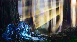 Size: 1800x1000 | Tagged: artist:viwrastupr, crepuscular rays, forest, princess luna, safe, solo, sunlight, tree