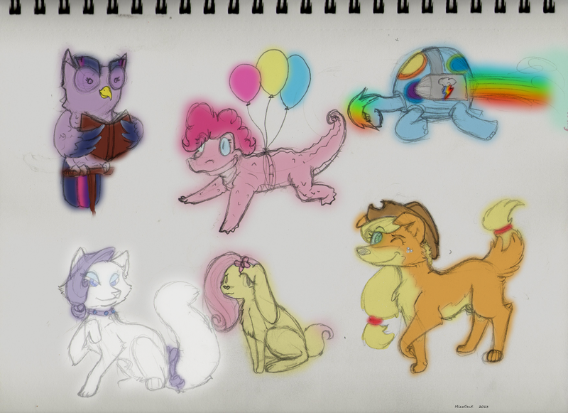 Size: 2316x1683 | Tagged: alligator, angel bunny, angelshy, appledog, applejack, artist:mizzgenk, balloon, bird, birdified, book, bunnified, bunnyshy, cat, catified, derpibooru import, dog, dogified, female, fluttershy, gatorfied, gummy pie, interspecies, male, mane six, owl, pet, pinkie pie, rabbit, rainbow dash, rainbow tank, raricat, raritessance, rarity, role reversal, safe, shipping, species swap, straight, tortoise, traditional art, twilight sparkle, twilight sparkowl, winonajack