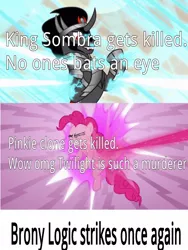 Size: 1000x1332 | Tagged: caption, comic, edit, edited screencap, imminent death, insane troll logic, king sombra, pinkie clone, pinkie pie, safe, screencap, screencap comic, text, the crystal empire, too many pinkie pies