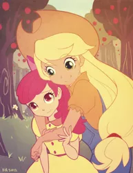 Size: 634x822 | Tagged: apple bloom, applejack, artist:kerriwon, derpibooru import, humanized, safe, sisters