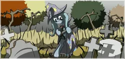 Size: 4970x2375 | Tagged: safe, artist:friendshipismetal777, derpibooru import, trixie, pony, alicorn amulet, bipedal, cemetery, grave, gravestone, graveyard, guitar, solo