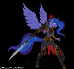 Size: 1641x1550 | Tagged: safe, artist:ulth001, derpibooru import, princess luna, anthro, unguligrade anthro, armor, black background, dragon age, dragon age 2, ethereal mane, female, simple background, solo, starry mane, sword, weapon