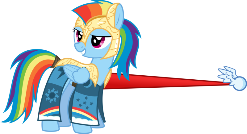 Size: 12905x7000 | Tagged: absurd resolution, armor, artist:xenoneal, derpibooru import, grin, jousting, lance, looking back, rainbow dash, raised hoof, safe, simple background, smiling, solo, tail wrap, transparent background, vector