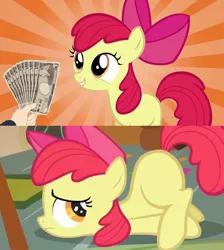 Size: 768x859 | Tagged: suggestive, derpibooru import, edit, edited screencap, screencap, apple bloom, earth pony, pony, face down ass up, female, filly, fistful of yen, implied foalcon, money, prostitution, solo