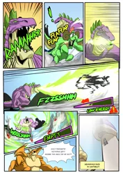 Size: 2480x3508 | Tagged: adult spike, artist:smilingdogz, comic, derpibooru import, dragon, dragon mail, fanfic art, fear, fight, fire, fury of the purple dragon, giant spike, green fire, nyx's family, oc, oc:rockjaw, oc:scrag, older, older spike, safe, spike, spikezilla