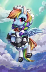 Size: 2250x3507 | Tagged: safe, artist:akamei, derpibooru import, rainbow dash, alternate hairstyle, blushing, braid, braided pigtails, clothes, cloud, crossed hooves, cute, dashabetes, dressup, flying, maid, mary janes, pixiv, rainbow dash always dresses in style, scrunchy face, sky, solo