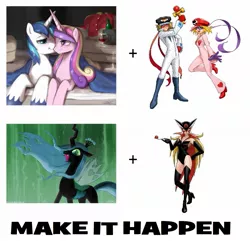 Size: 1331x1281 | Tagged: artist:johnjoseco, derpibooru import, doronjo, exploitable meme, make it happen, meme, princess cadance, queen chrysalis, safe, shining armor, yatterman, yatterman-1, yatterman-2