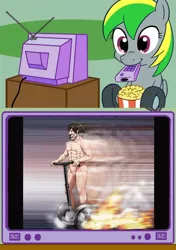 Size: 564x800 | Tagged: safe, artist:tk8d32, derpibooru import, oc, oc:wheely bopper, unofficial characters only, original species, wheelpone, afterimage, attack on titan, exploitable meme, fire, meme, obligatory pony, rogue titan, segway, tongue out, tv meme, wat