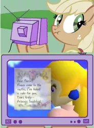 Size: 1025x1389 | Tagged: applejack, derpibooru import, exploitable meme, liar face, liarjack, meme, obligatory pony, princess peach, safe, scrunchy face, super mario 64, super mario bros., the cake is a lie, tv meme