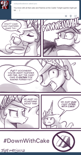 Size: 550x1049 | Tagged: questionable, artist:johnjoseco, derpibooru import, princess celestia, alicorn, pony, ask princess molestia, princess molestia, cake, comic, counter trolled, down with molestia, down with this sort of thing, drama, owned, parody, spit take, tea, tumblr