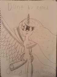 Size: 772x1034 | Tagged: safe, artist:zentageron, derpibooru import, princess celestia, princess molestia, down with molestia, drama, gangnam style, giant wing, sunglasses, traditional art