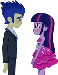 Size: 820x1060 | Tagged: safe, artist:cencerberon, derpibooru import, flash sentry, twilight sparkle, equestria girls, bare shoulders, blushing, clothes, dress, fall formal outfits, female, flashlight, looking at each other, male, shipping, show accurate, simple background, sleeveless, smiling, straight, strapless, suit, svg, transparent background, twilight ball dress, vector