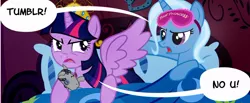 Size: 900x371 | Tagged: safe, artist:pixelkitties, derpibooru import, smarty pants, trixie, twilight sparkle, twilight sparkle (alicorn), alicorn, pony, unicorn, angry, bed, down with molestia, drama, female, frown, glare, lesbian, mare, no u, open mouth, shipping, speech bubble, text, tumblr, twixie