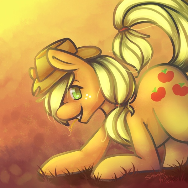 Size: 1000x1000 | Tagged: applejack, artist:shushikitty, derpibooru import, grass, safe, solo