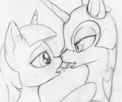 Size: 885x741 | Tagged: suggestive, artist:ecmajor, derpibooru import, nightmare moon, twilight sparkle, bedroom eyes, boop, drool, drool string, eye contact, female, french kiss, kissing, lesbian, monochrome, noseboop, open mouth, shipping, sloppy kissing, tongue out, twimoon, wip