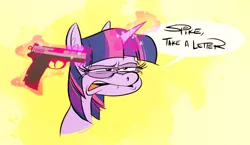 Size: 800x465 | Tagged: artist:frostadflakes, derpibooru import, dialogue, disney writing, gun, imminent suicide, magic, semi-grimdark, solo, suicide, telekinesis, twilight sparkle, weapon