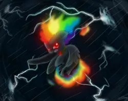 Size: 1000x787 | Tagged: artist:sonicsketch, badass, dark, derpibooru import, flying, glow, lightning, rain, rainbow dash, safe, solo, storm, super rainbow dash