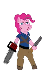 Size: 1360x2055 | Tagged: safe, artist:jewelsfriend, derpibooru import, pinkie pie, pony, ash williams, bipedal, chainsaw, crossover, evil dead, gun, shotgun, solo, weapon