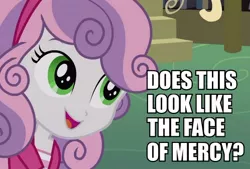 Size: 498x337 | Tagged: safe, derpibooru import, sweetie belle, equestria girls, face of mercy, image macro, meme, solo
