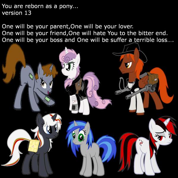 Size: 2000x2000 | Tagged: safe, derpibooru import, sweetie belle, oc, oc:blackjack, oc:calamity, oc:homage, oc:littlepip, oc:velvet remedy, pegasus, pony, unicorn, fallout equestria, fanfic, battle saddle, blood, fanfic art, female, gun, hat, male, mare, pipbuck, plot, reborn as a pony, stallion, weapon