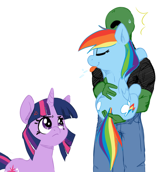 Size: 1771x1825 | Tagged: safe, artist:elslowmo, artist:zonkpunch, derpibooru import, rainbow dash, twilight sparkle, oc, oc:anon, human, pegasus, pony, unicorn, clothes, cross-popping veins, cute, dashabetes, holding a pony, jealous, pants, raspberry, shirt, sweat, sweatdrop, taunting