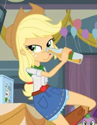 Size: 395x506 | Tagged: safe, derpibooru import, screencap, applejack, spike, dog, equestria girls, bottle, drink, drinking problem, solo, spike the dog, wat