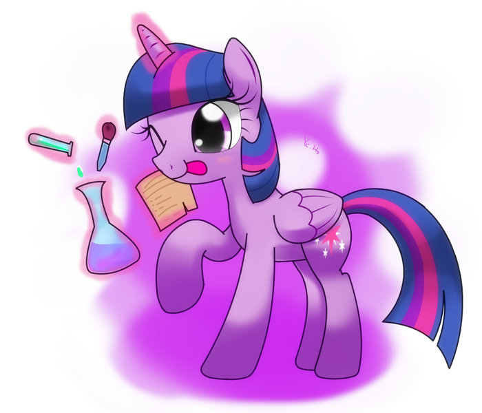 Size: 1330x1140 | Tagged: safe, artist:hoyeechun, derpibooru import, twilight sparkle, twilight sparkle (alicorn), alicorn, pony, beaker, erlenmeyer flask, female, licking, licking lips, magic, mare, note, one eye closed, pipette, science, solo, telekinesis, test tube, tongue out