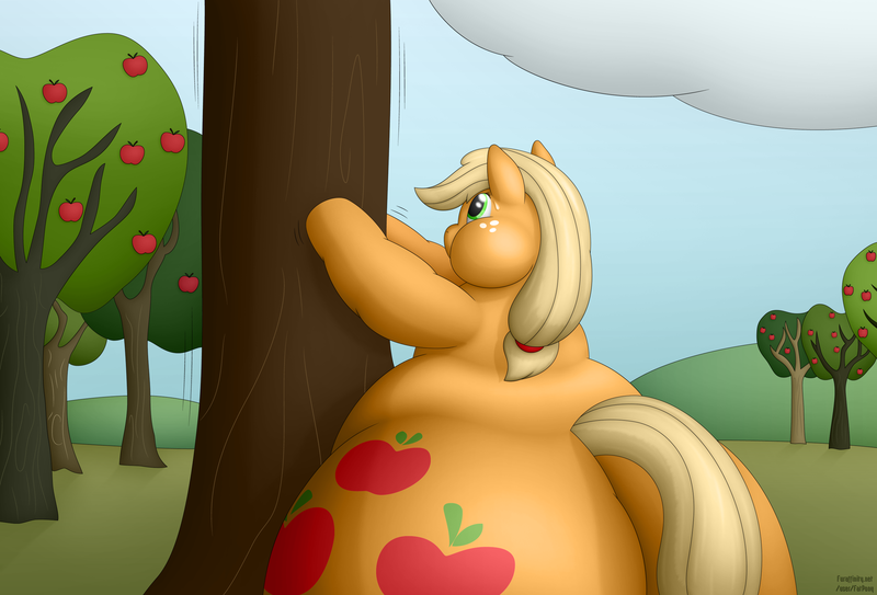 Size: 2800x1900 | Tagged: applebutt, applefat, applejack, artist:jesseorange, chubby cheeks, derpibooru import, fat, hatless, impossibly large butt, impossibly wide hips, missing accessory, morbidly obese, obese, plot, solo, suggestive, the ass was fat, tree, wide hips
